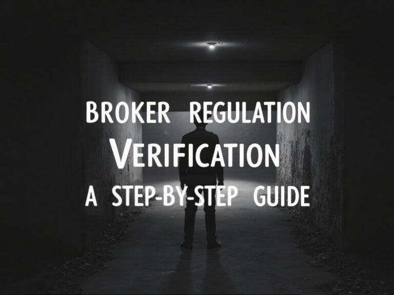 A shadowy figure walking into a dimly lit tunnel, symbolizing the journey of verifying broker regulation, with overlay text 'Broker Regulation Verification: A Step-by-Step Guide' for safe trading in 2025