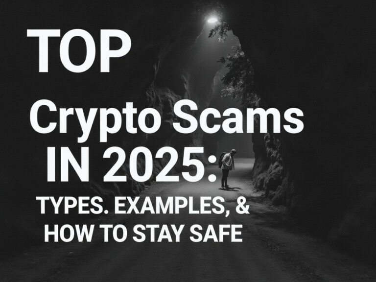 featured image, white text describes the post title Top Crypto Scams in 2025: Types, Examples & How to Stay Safe